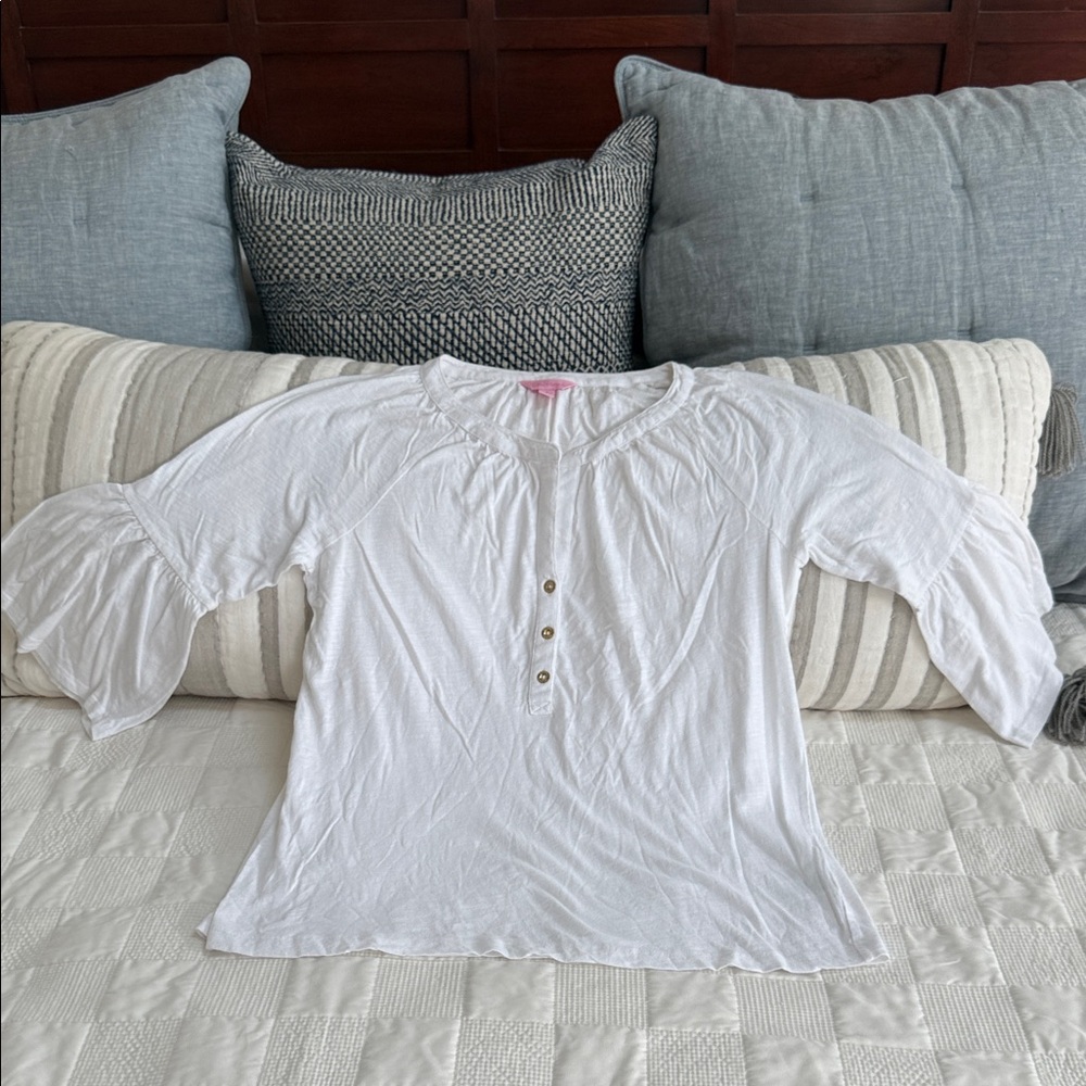 Lilly Pulitzer White Bell Sleeve Buttoned Cotton Top